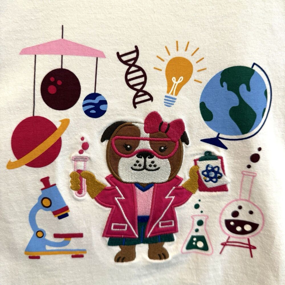 Gymboree Girls Sz 12 T-Shirt Ivory Embroidered Science Prep School Stem Steam